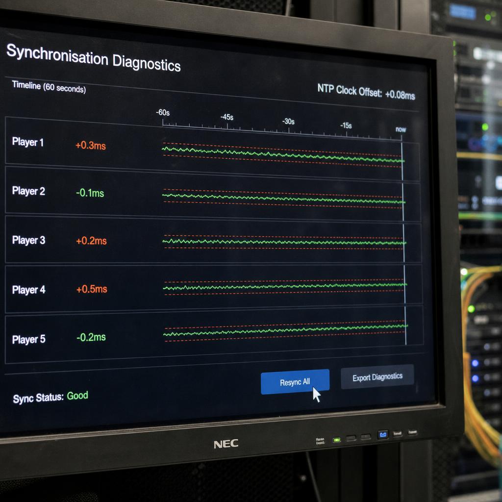 Synchronisation diagnostics showing clock offsets across players