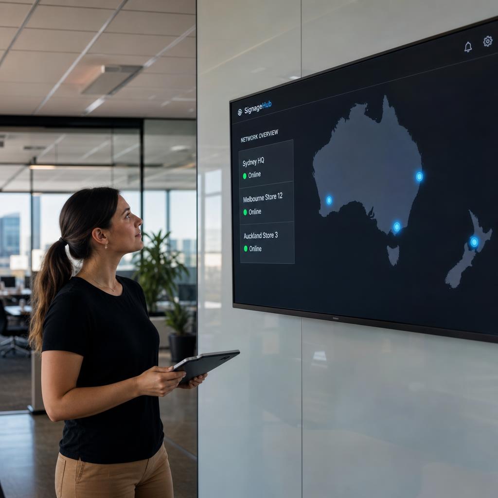 Operator checking an Australia-wide digital signage network on a wall display