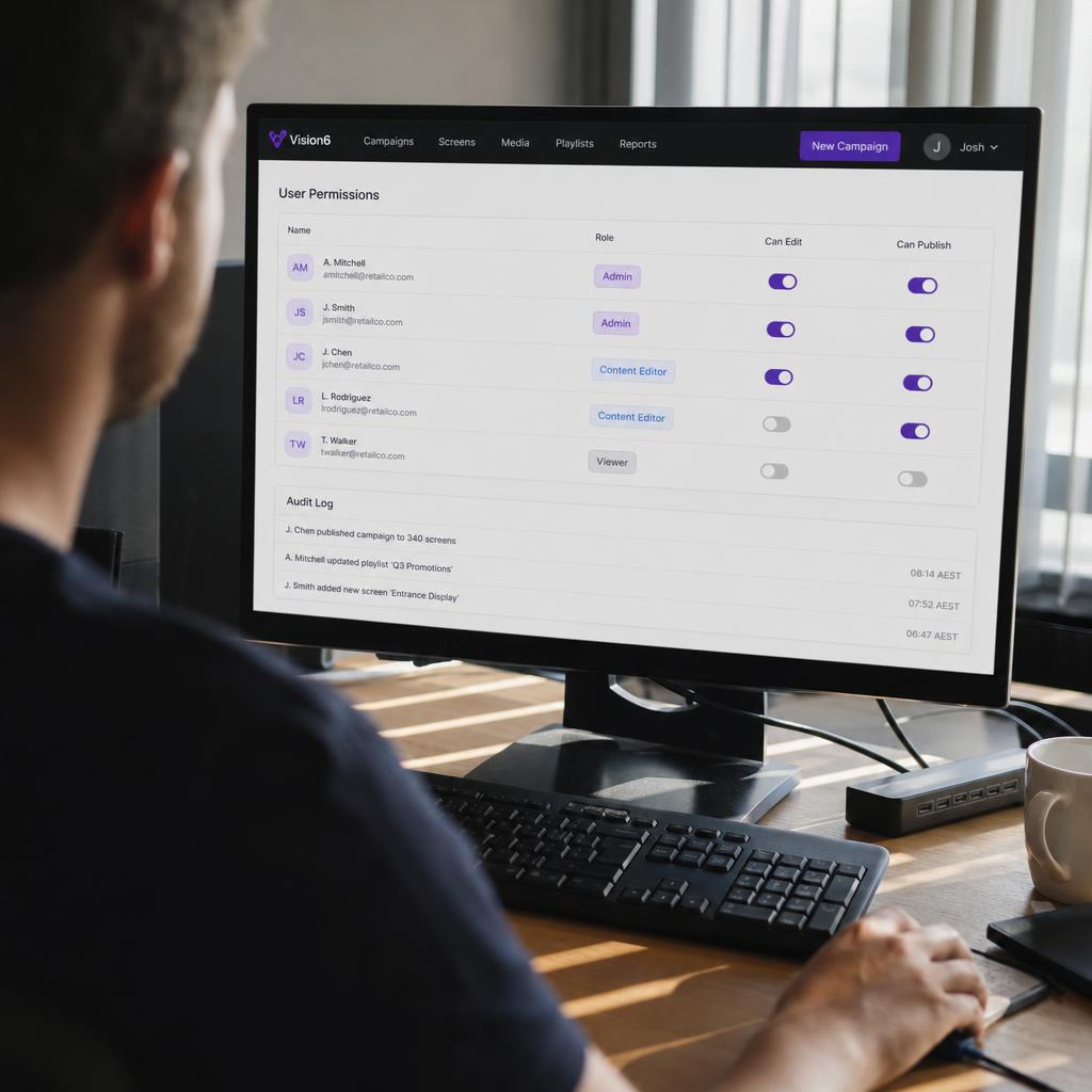 Enterprise team governing a secure multi-site digital signage network
