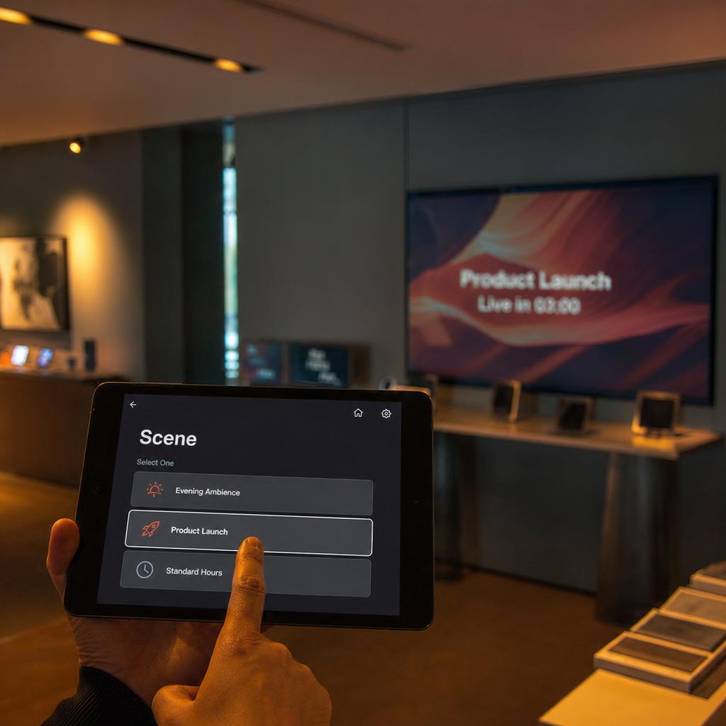 Immersive venue with coordinated digital screens, lighting, and atmospheric effects