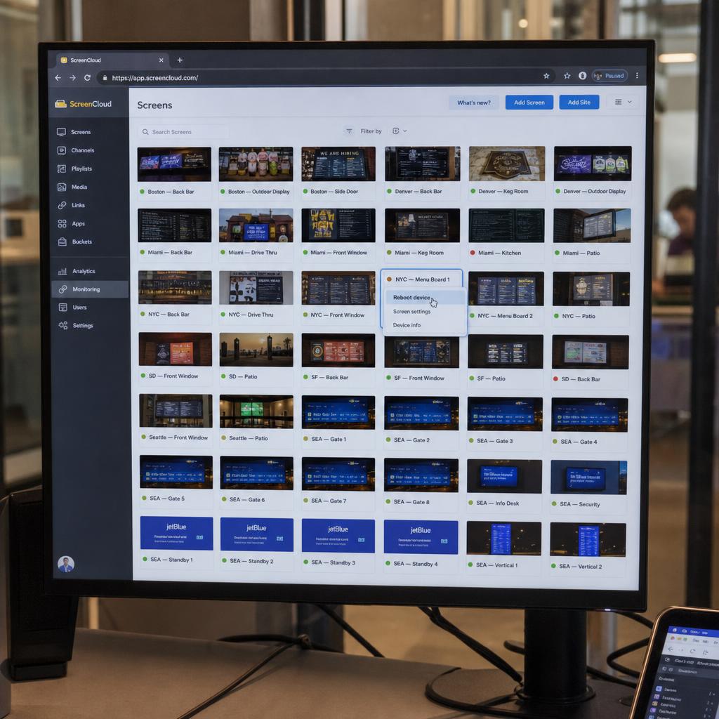 Operations dashboard monitoring the health of a digital signage hardware fleet
