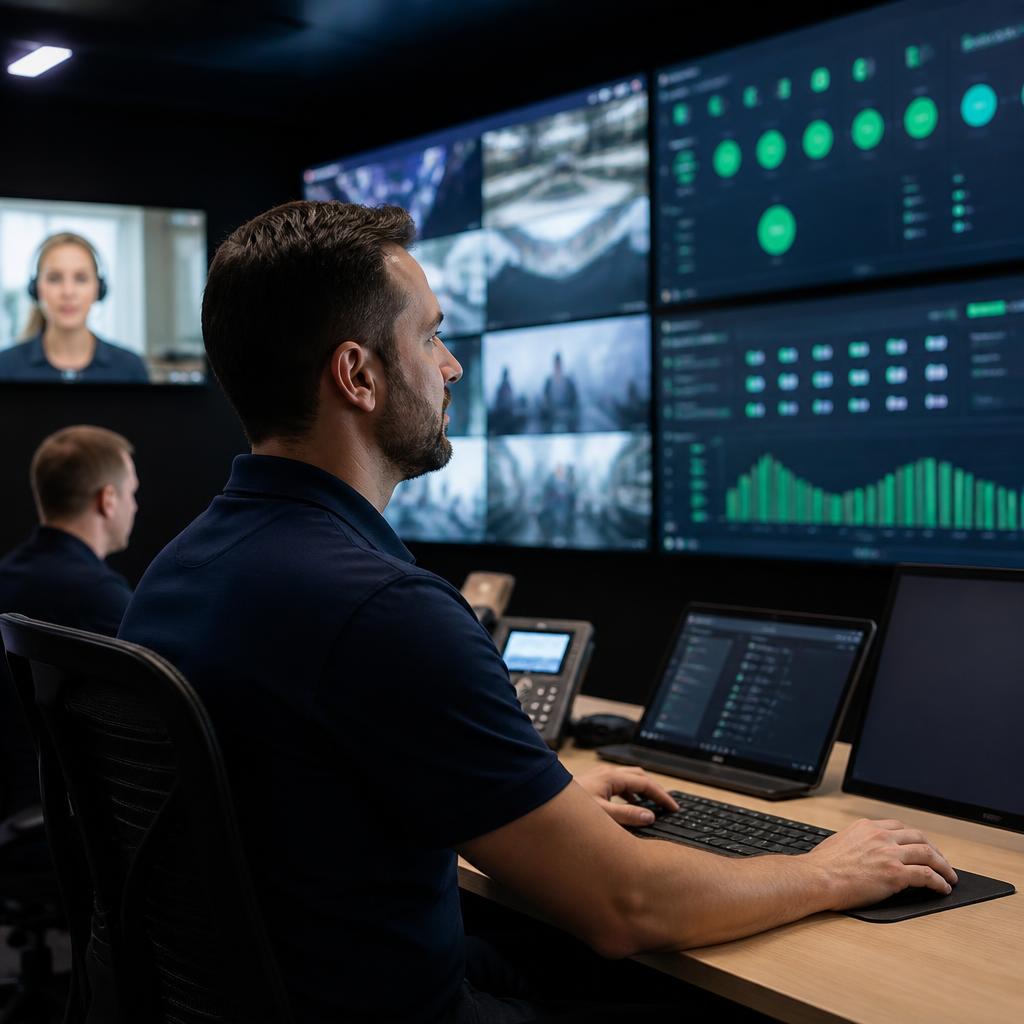 Operations team monitoring a wall of live digital signage screens from a control room