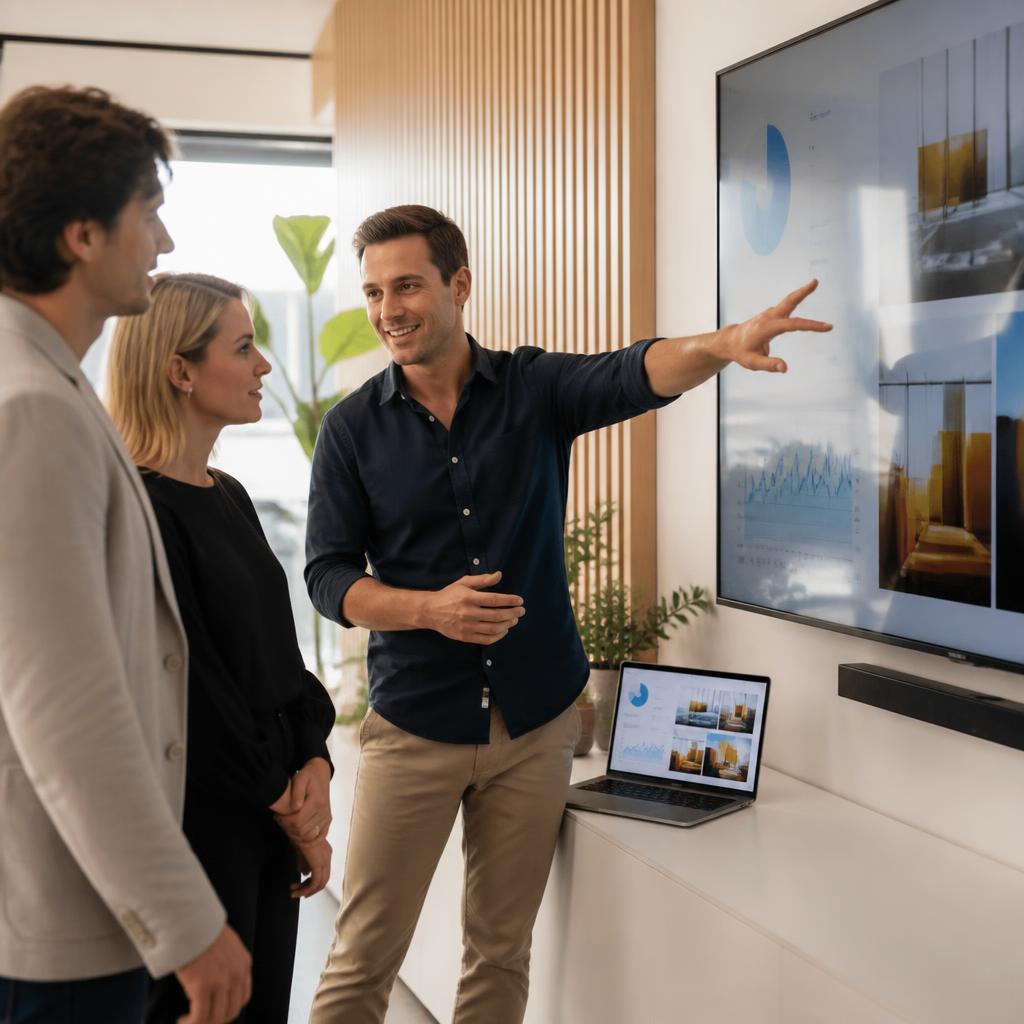 Digital signage specialist demonstrating a live platform to business owners in a modern showroom