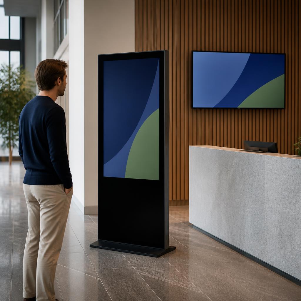 Visitor reading a digital wayfinding display in a quiet modern reception area