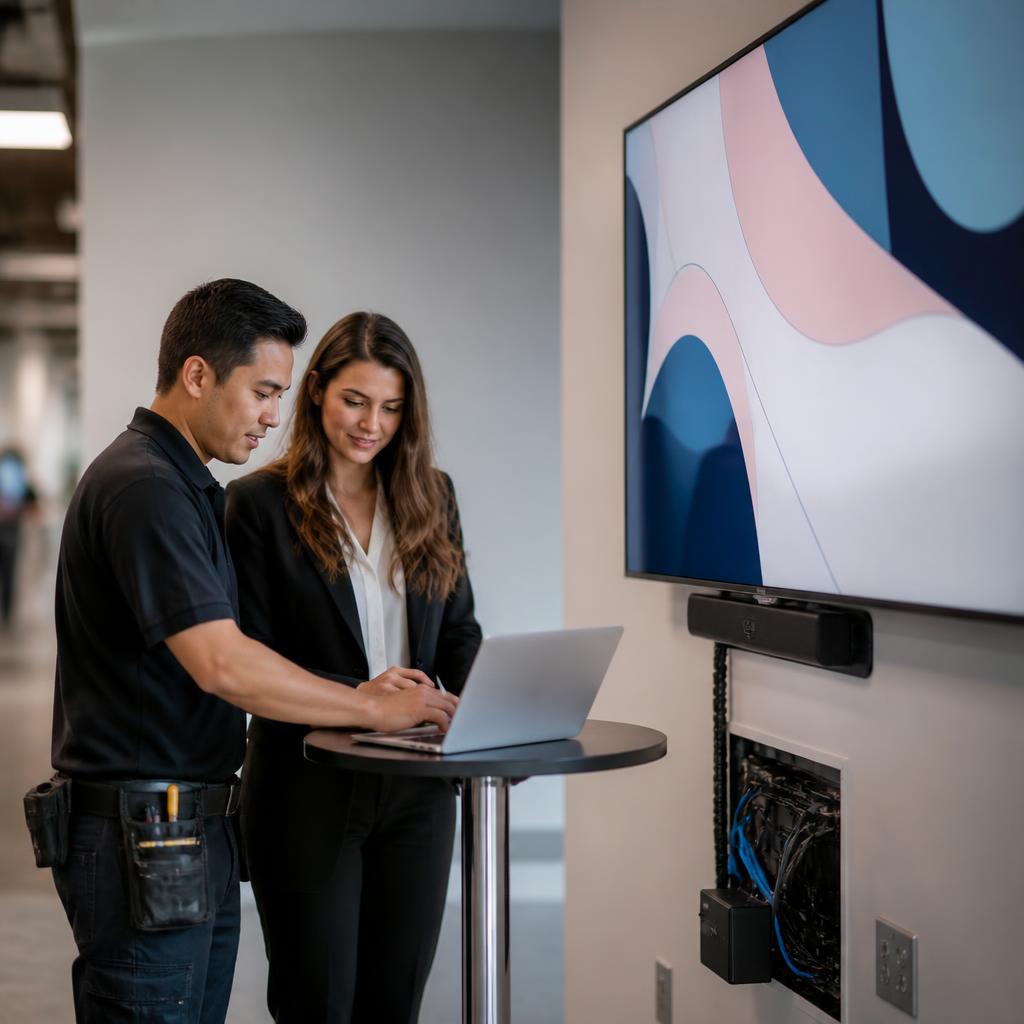Digital signage team testing a campaign on a wall-mounted commercial display