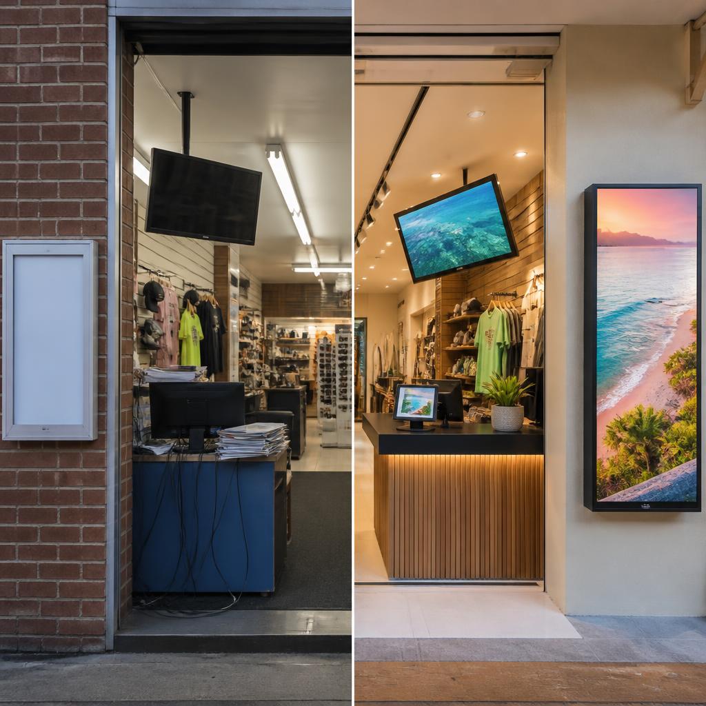Retail signage transformation from a dim outdated display to a bright coordinated digital screen