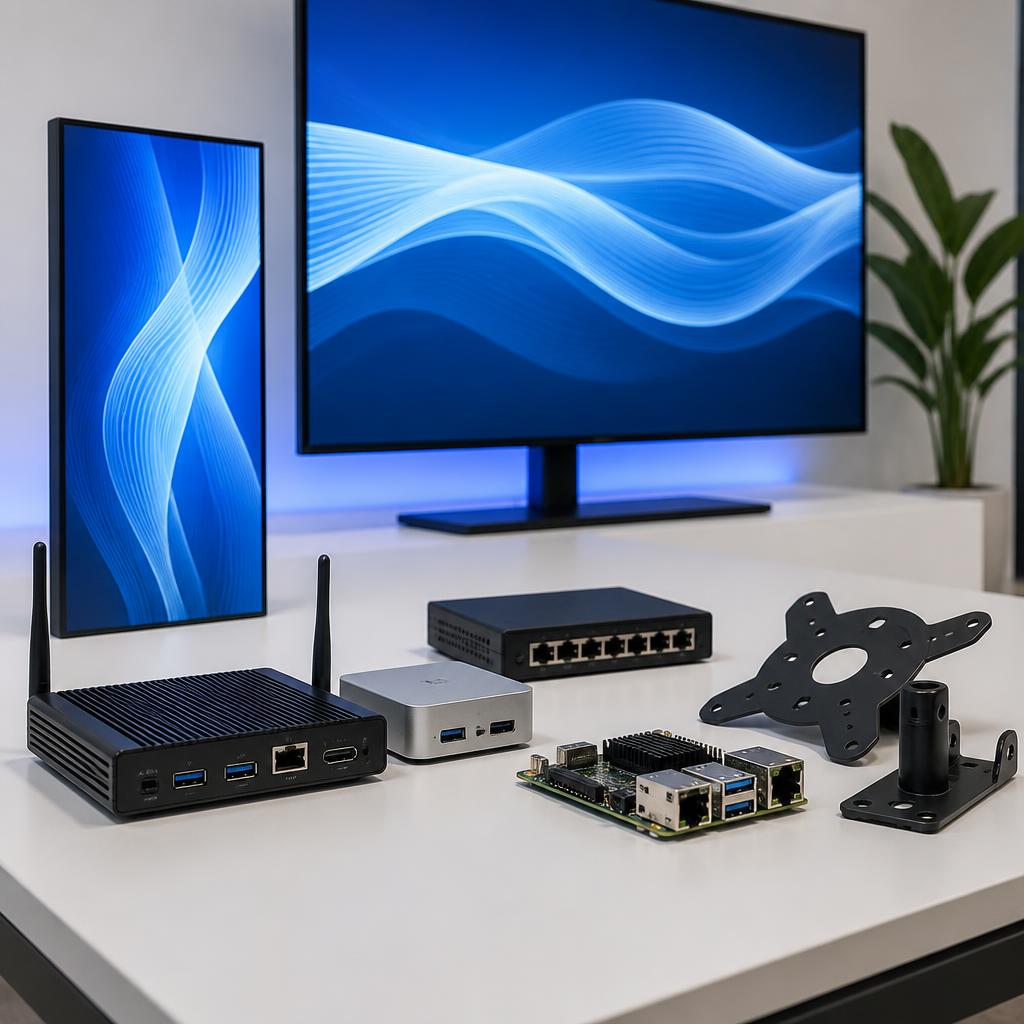 Compatible digital signage displays, media players, and networking hardware arranged on a studio table
