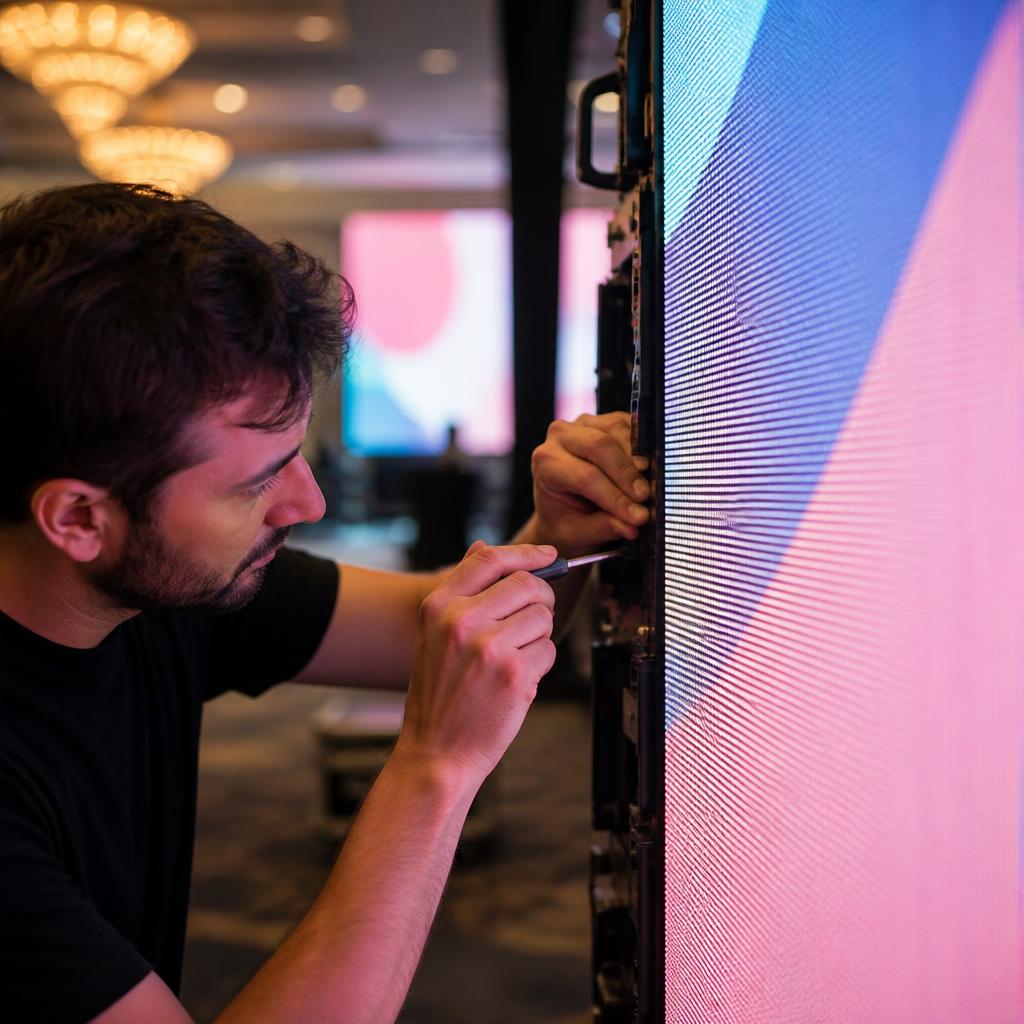 Technician precisely calibrating a commercial LED display