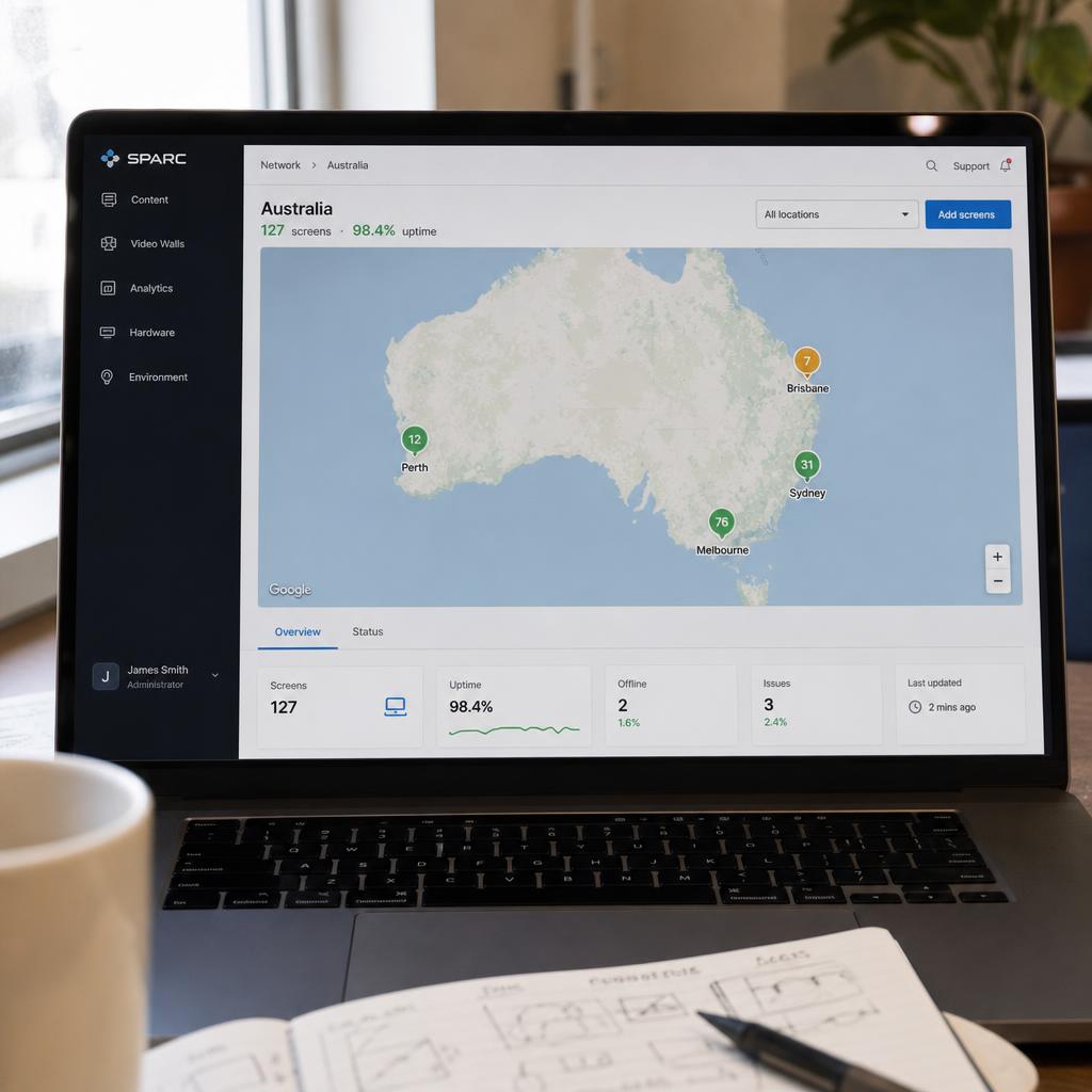 SPARC platform dashboard managing digital signage across a multi-site network