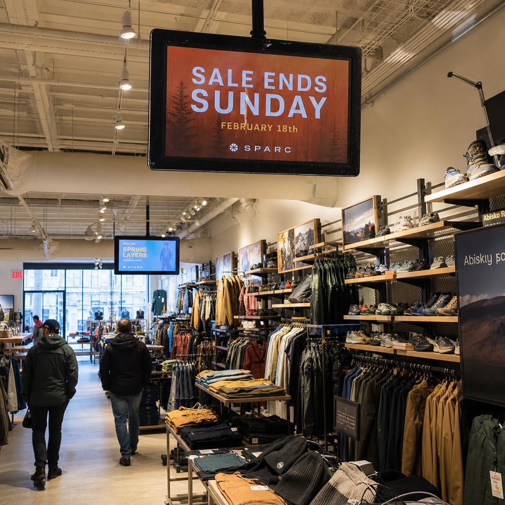 Digital signage solutions displayed across a modern commercial space