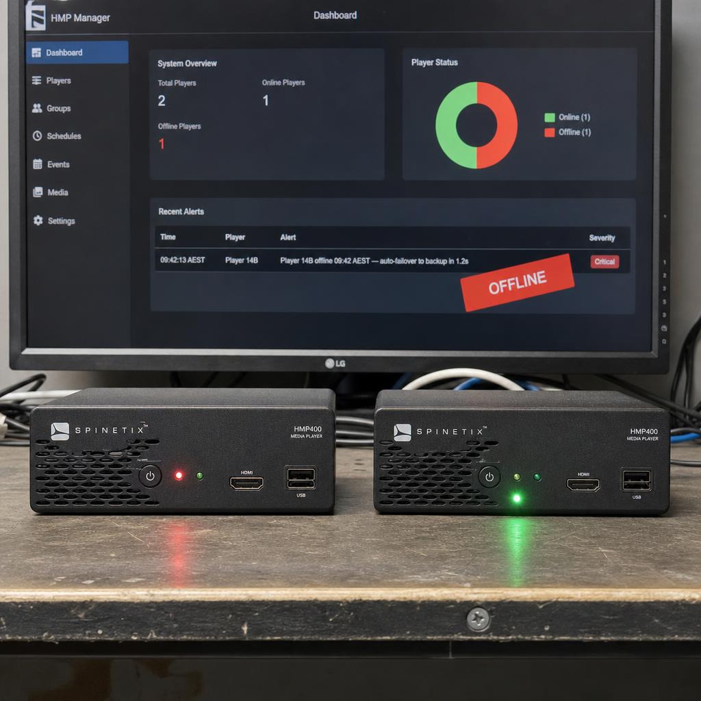 Device health dashboard flagging an offline media player