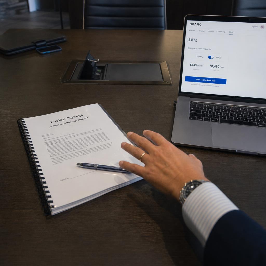 Signing a digital signage software agreement beside a laptop