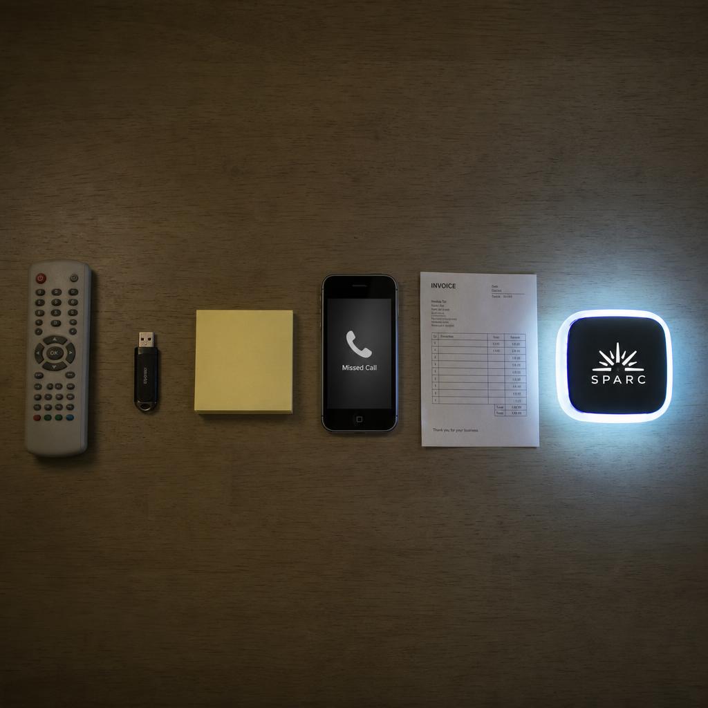 Remote control, USB stick, sticky note, missed call and invoice laid out beside a single SPARC controller — the patchwork of tools one digital signage platform replaces