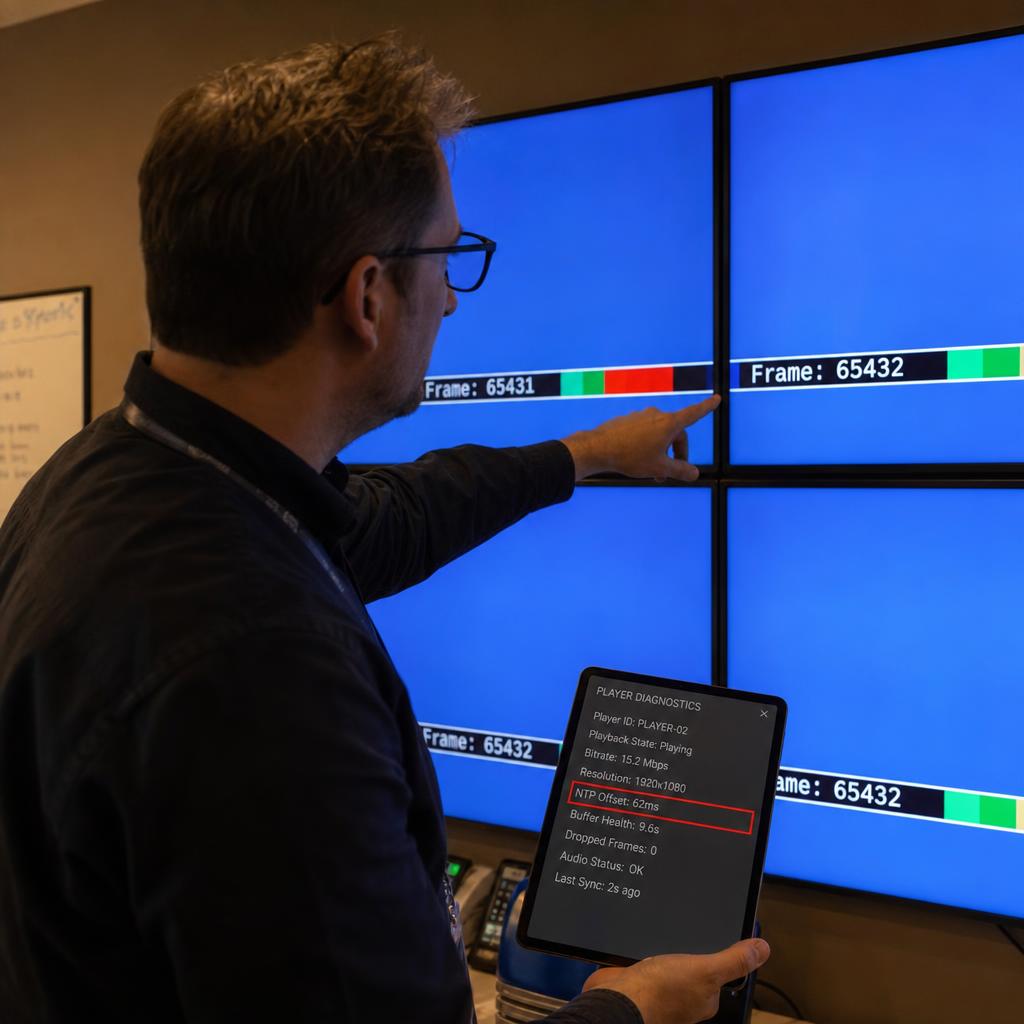 Engineer diagnosing a playback issue on a video wall