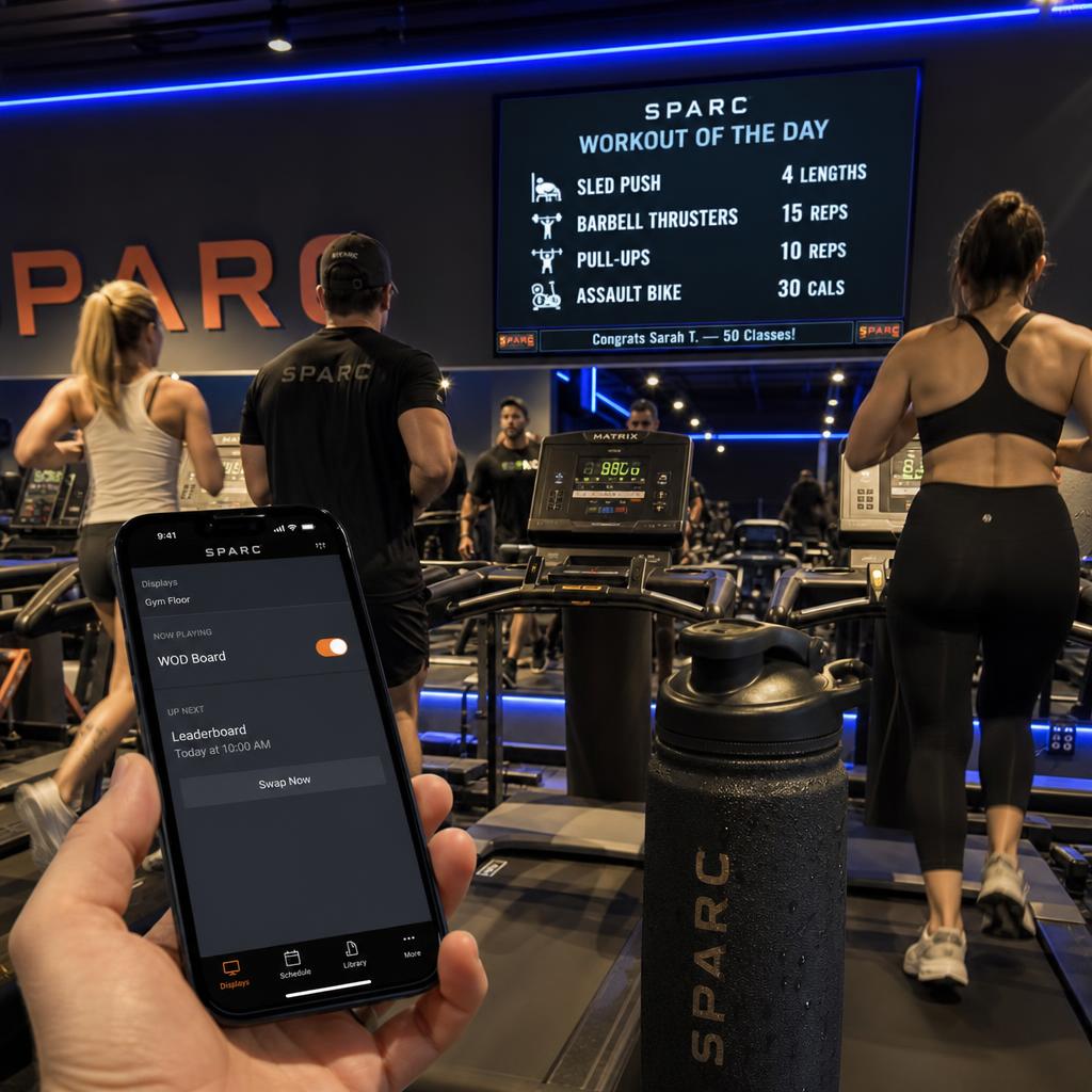 Fitness facility screens motivating members during workouts