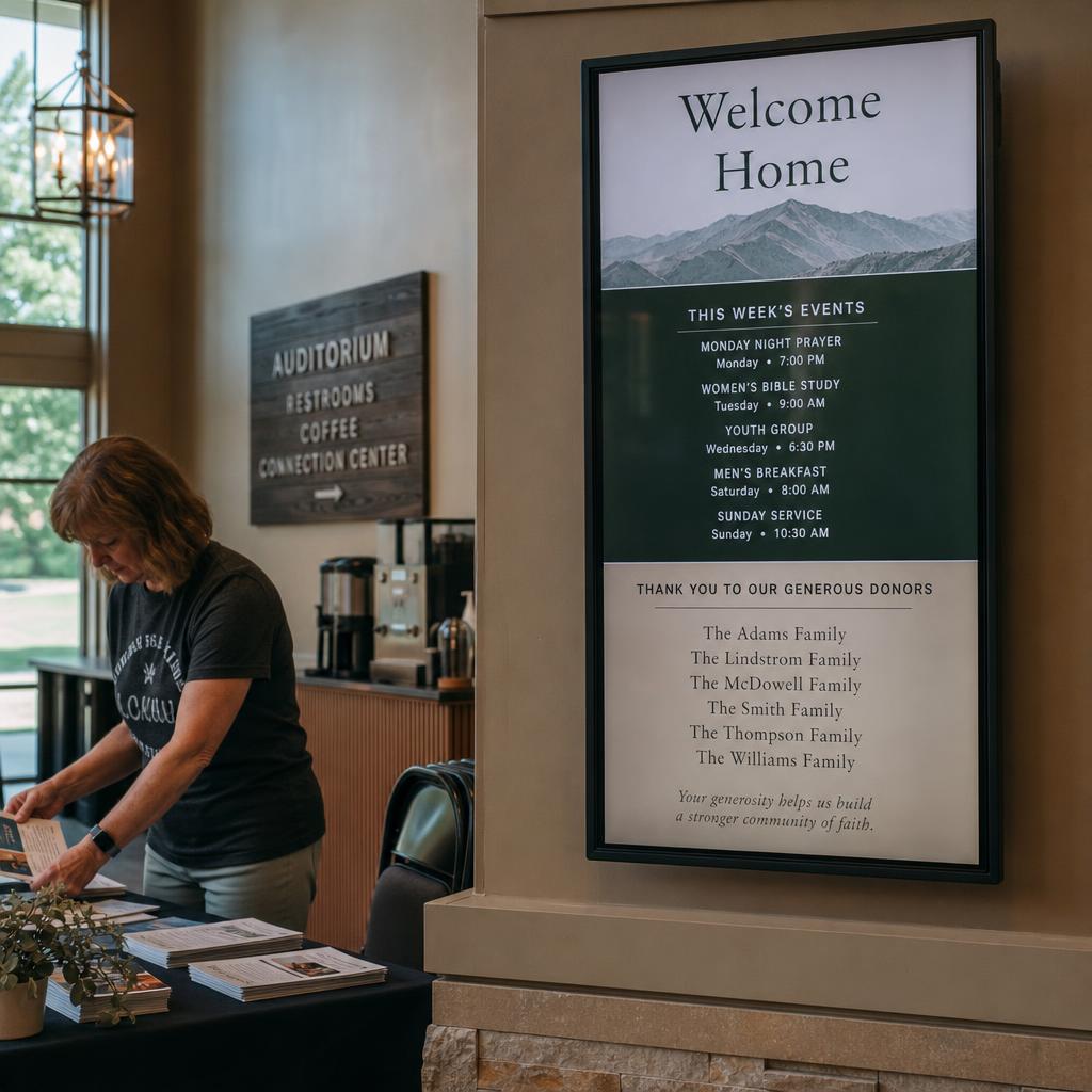 Worship venue display sharing service information with the congregation