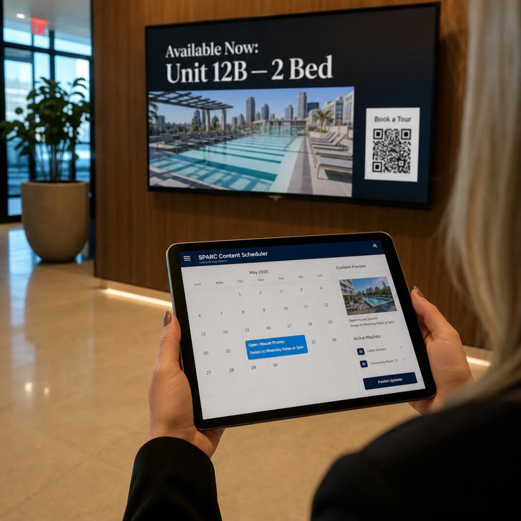 Real estate display presenting property listings to buyers